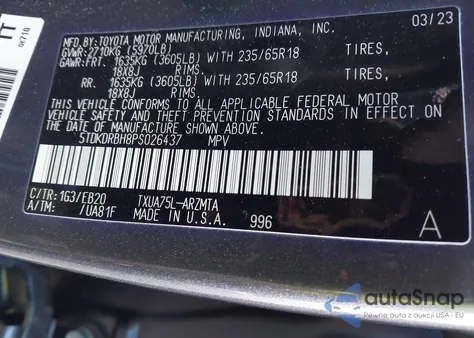 2023 Toyota Highlander Xle z USA, uszkodzony, nr VIN 5TDKDRBH8PS026437